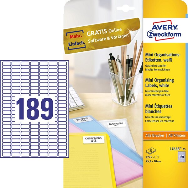Lot de 4725 etiquettes mini 25,4 x 10 mm sur 25 feuilles blanc avery zweckform