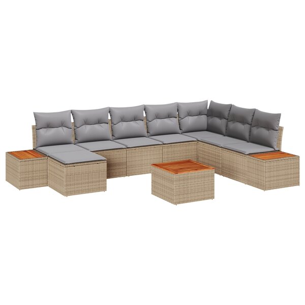 Ensemble de Canapé de Jardin 9 Pièces avec Coussins Beige Rotin Synthétique Acacia