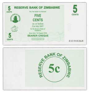 Billet de collection 5 cents 2006 zimbabwe - neuf - p34