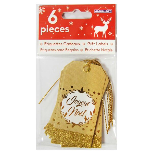 6 étiquettes cadeaux kraft 'Joyeux Noël' - Paillettes dorées