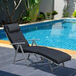 Bain de soleil pliable transat inclinable 7 positions chaise longue grand confort avec matelas + accoudoirs métal époxy textilène polyester noir