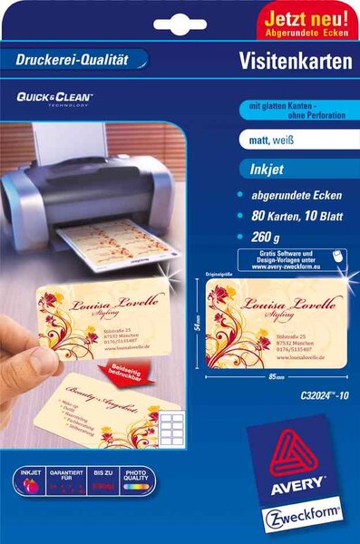 Cartes de visite quick & clean  blanc  mat avery zweckform