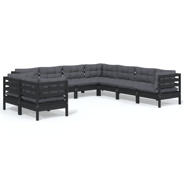 vidaXL Salon de jardin 9 Pièces avec coussins Noir Bois de pin massif