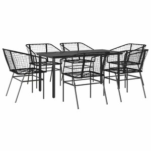vidaXL Ensemble à manger de jardin 7Pièces noir poly rotin verre