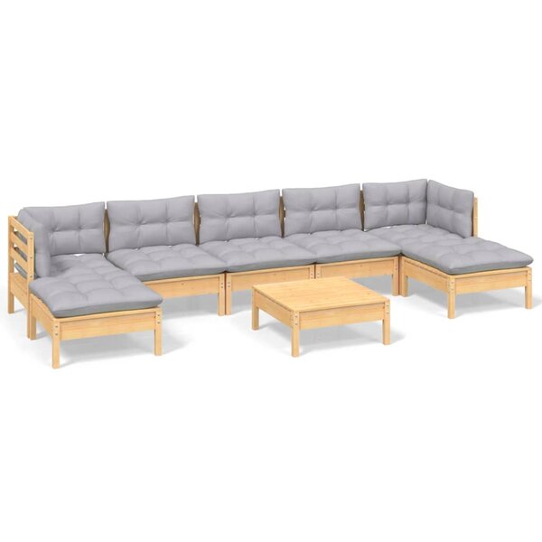 vidaXL Salon de jardin 8 Pièces avec coussins gris Bois de pin