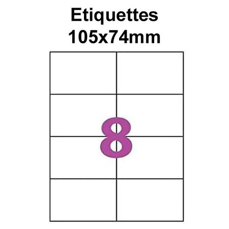 Étiquettes adhésives  105x74mm  (8étiquettes/feuille) - blanc - 20 feuilles -t3azur