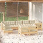 vidaXL Salon de jardin 9 Pièces avec coussins crème bois de pin massif