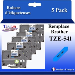 5x Rubans d'étiqueteuses compatibles avec Brother Tze541  Tze-541 pour étiqueteuses P-touch - Texte noir sur fond bleu - T3AZUR