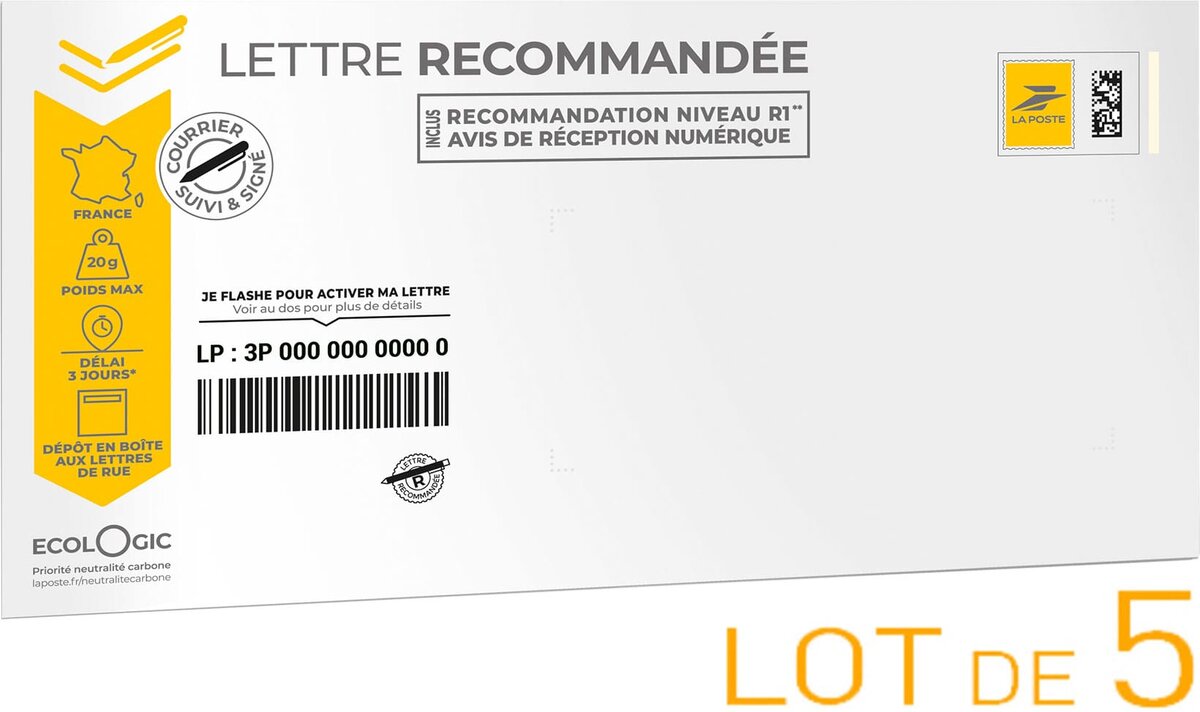 Prêt-à-Poster - Lettre Recommandée - 20g - Enveloppes en lot de 5