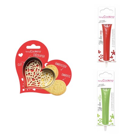 Kit pour biscuit en relief Coeur + 2 Stylos au chocolat rouge et vert clair
