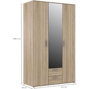 Armoire 3 portes battantes avec 1 miroir + 2 tiroirs - chêne Sonoma - 121 x 54 x 200 cm - SELKEÄ