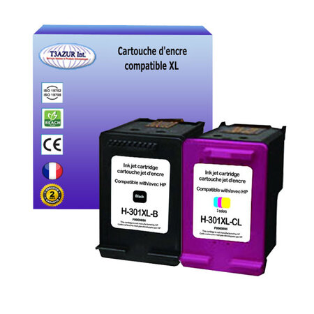 T3azur - 1+1 cartouches d'encre compatibles remplace hp 301 301xl noir+couleur pour hp deskjet 2540 2542 2544  envy 4500 4502 4504  officejet 2620