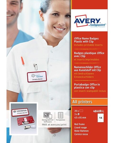 4840R-L - 20 badges Office rouges avec clip de suspension métal – 37 x 75 mm AVERY