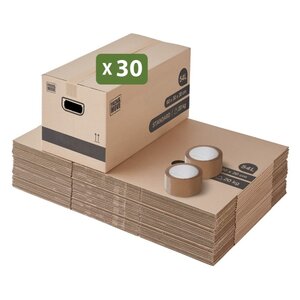 Pack and Move - Lot 30 cartons déménagement stockage standard - 60 x 30 x 30 cm - Poignées renforcées - 1 adhésif offert