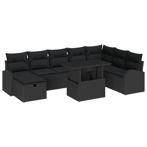 vidaXL Canapé de jardin 9 pièces avec coussins en poly rattan  noir.