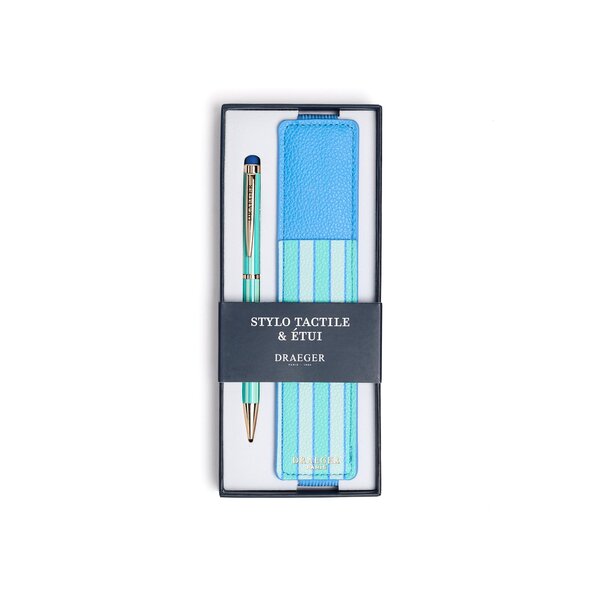 Stylo Tactile avec Etui Office Chic - Plusieurs Motifs - Rayures Turquoise - Draeger