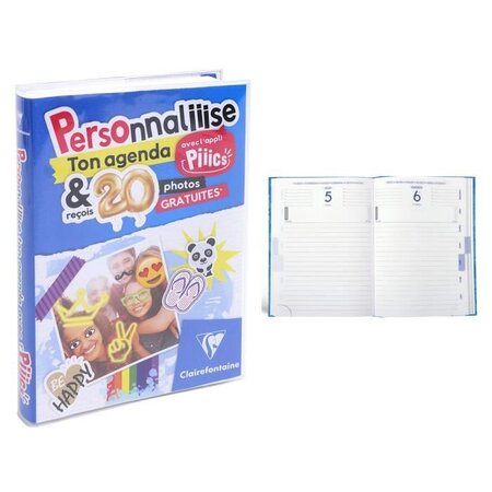 CLAIREFONTAINE Agenda scolaire 400 pages - 1 jour par page - 120 x 170 mm - Papier PEFC - Couverture PVC amovible Perso Piiics