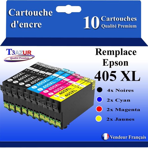 T3AZUR - 10x Cartouches compatibles avec Epson WorkForce Pro WF-7835DTWF  WF-7840DTWF (4Noires + 2Cyan + 2 Magenta + 2 Jaunes)