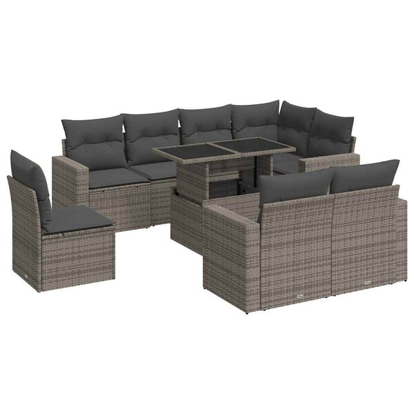 vidaXL Salon de jardin 9 Pièces avec coussins gris résine tressée