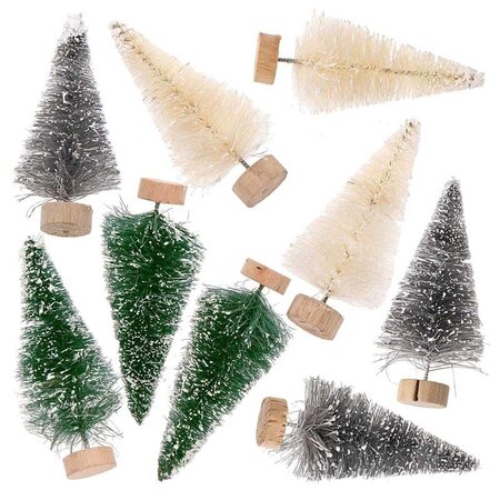 9 petits sapins de Noël décoratifs 7 cm - vert-gris-blanc