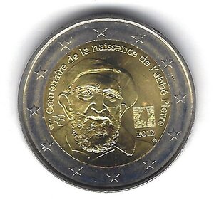 Monnaie 2 euros commémorative france 2012 - abbé pierre