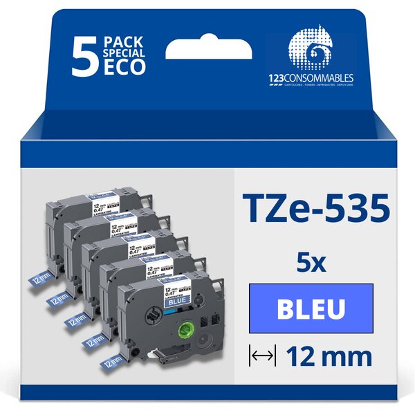 Pack de 5 Rubans adhésifs compatible avec Brother TZe535- Texte blanc sur fond bleu - Largeur 12 mm x 8 mètres