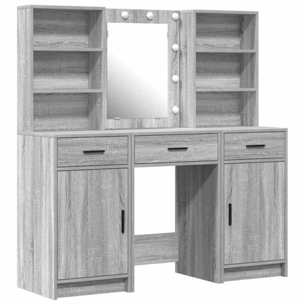 vidaXL Ensemble de table de maquillage avec LED 3 Pièces Gris Sonoma