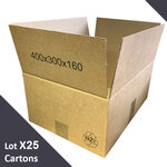 Lot de 25 cartons emballage à simple cannelure standard 400 x 300 x 160 mm