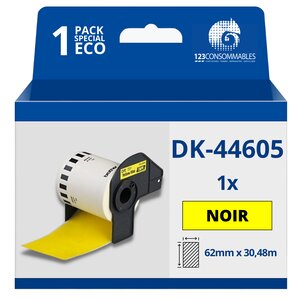 Étiquettes amovibles compatibles Brother DK44605 - Largeur 62 mm x 30 48 mètres - Texte noir sur fond jaune