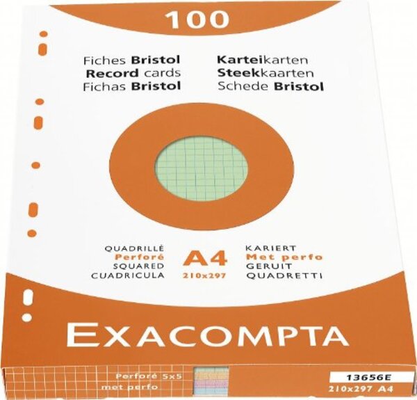 Étui de 100 fiches bristol quadrillé 5x5 perforé 210x297mm Couleurs assorties EXACOMPTA