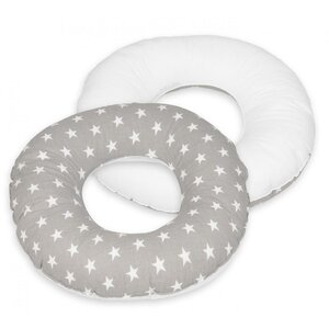 Coussin rond post natal étoiles blanches sur fond gris blanc