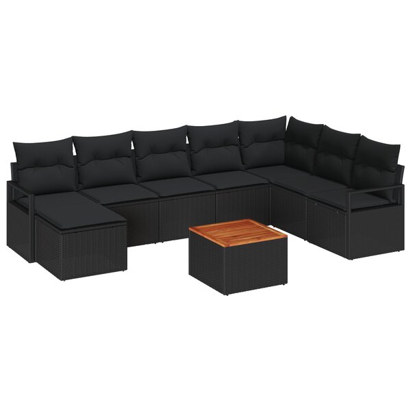 vidaXL Ensemble de canapés de jardin 9 pièces avec des coussins en poly rattan noir et acacia