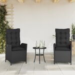 vidaXL Chaises inclinables de jardin lot de 2 et coussins noir rotin
