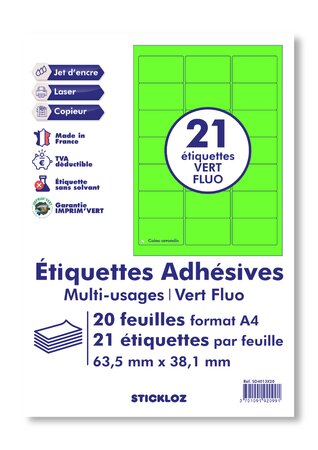 20 planches a4- 21 étiquettes 63,5 mm x 38,1 mm autocollantes fluo vert par planche pour tous types imprimantes - jet d'encre/laser/photocopieuse