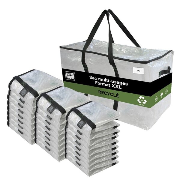 Pack and Move - Lot 24 Grands Sacs Déménagement Transparent Recyclés - Rangement Et Transport Ultra Résistant - Réutilisable - Poignées Solides - 100L