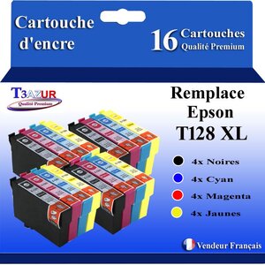 T3AZUR- 16x Cartouches Compatibles avec Epson T1281 T1282 T1282 T1284 remplace Epson Stylus Office BX305F BX305FW BX-305F BX-305FW