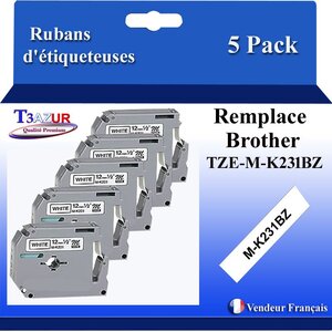 5x Rubans d'étiquettes laminées générique Brother Brother MK221BZ  MK-221BZ pour étiqueteuses P-touch - Texte noir sur fond blanc - T3AZUR