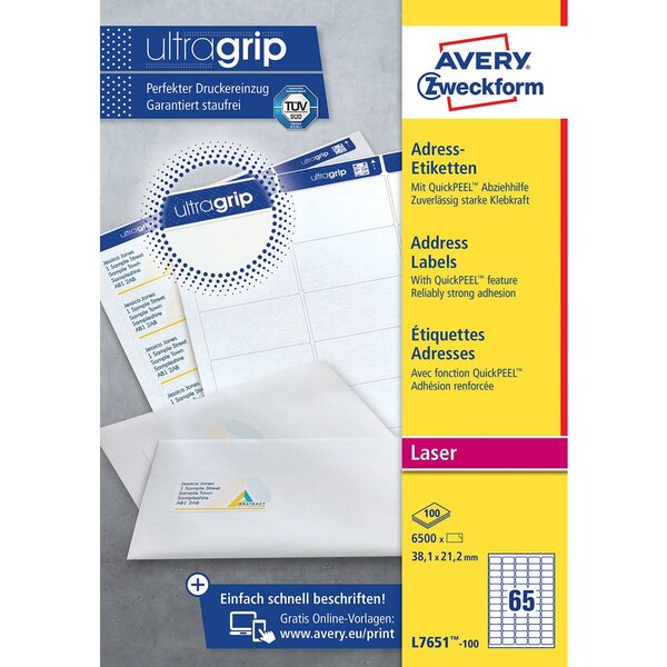 Mini-étiquettes de rangement multi-usages pour imprimantes laser, 38,1 x 21,2 mm, 100 feuilles, 65 étiquettes par feuille, auto-adhésives, blanc (paquet 6500 unités)