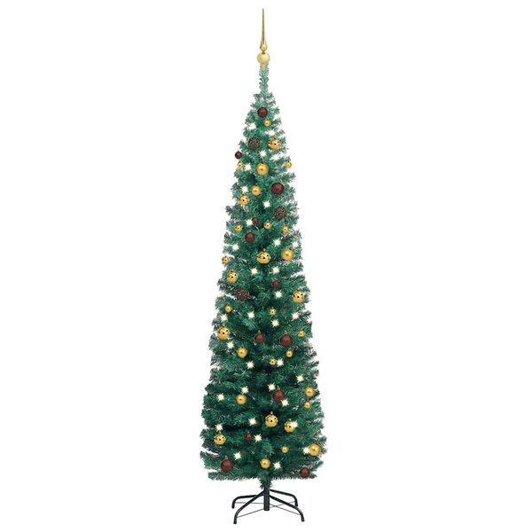 vidaXL Sapin de Noël artificiel mince pré-éclairé et boules vert 180cm