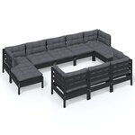 vidaXL Salon de jardin 10 Pièces avec coussins Noir Bois de pin massif