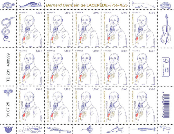 Feuille de 15 timbres - Bernard-Germain de Lacepède - Lettre verte