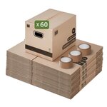 Pack and Move - Lot 60 cartons déménagement stockage livres - 40 x 30 x 30 cm - Poignées renforcées - 3 adhésifs offerts