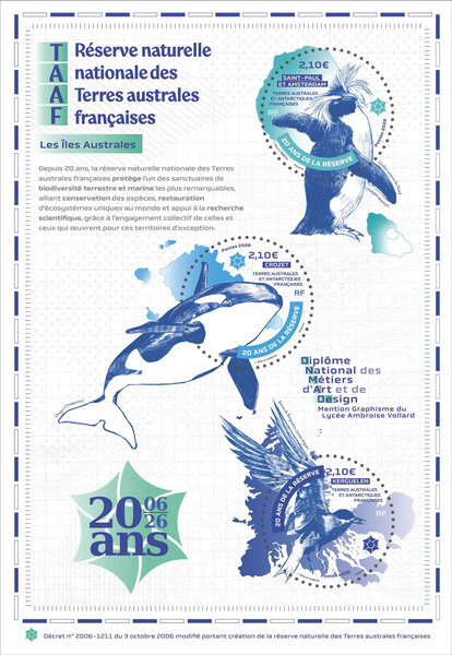 Bloc de 3 timbres TAAF - 20 ans de la réserve naturelle nationale des Terres Australes et Antarctiques Françaises