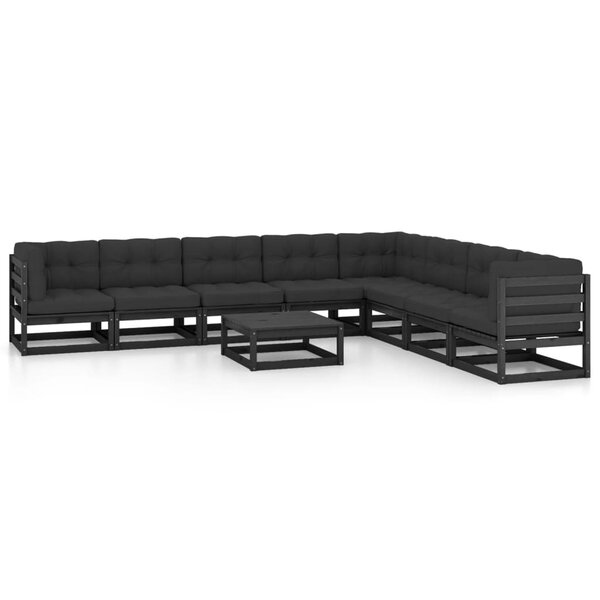 Salon de jardin meuble d'extérieur ensemble de mobilier 9 pièces avec coussins noir bois de pin massif 02_0018060