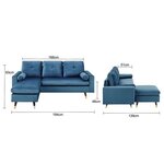 Canapé d'angle fixe réversible - 3 places - Tissu bleu - Pieds bois et doré - 194 x 139 x 83 - NEW YORK