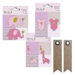 60 formes découpées girafes  éléphants et body rose-vert-gris + 20 étiquettes kraft fanion
