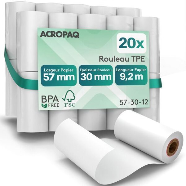 ACROPAQ 20 Rouleaux de caisse 57x30x8mm Thermique 9 2m- Sans BPA - 20 Bobines TPE