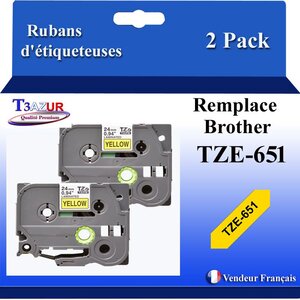 2x Rubans d'étiqueteuses compatibles avec Brother Tze651 Tze-651 pour étiqueteuses P-touch - Texte noir sur fond jaune