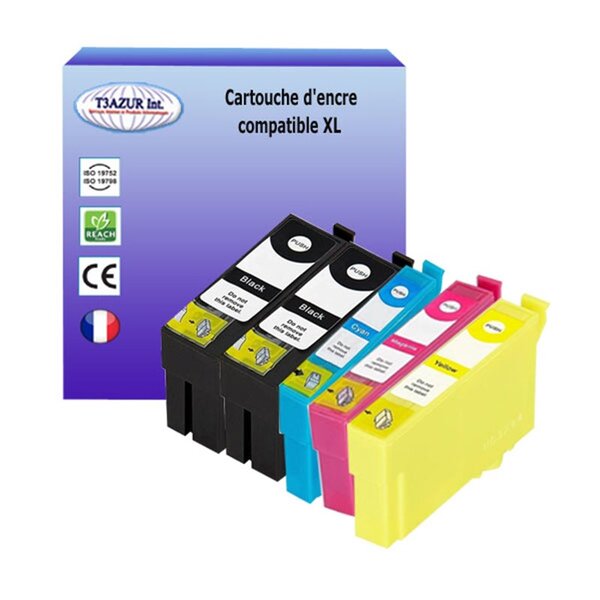 T3AZUR- 5x Cartouches Compatibles avec Epson T3591 T3592 T3593 T3594 remplace Epson WorkForce Pro WF-4720DWF WF-4725DWF WF-4730DTWF WF-4735DTWF WF-4740DTWF Noire