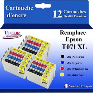 T3AZUR- 12x Cartouches Compatibles avec Epson T0711 remplace Epson Stylus Office SX405 SX410 SX415 SX510W SX515W SX600FW SX610FW